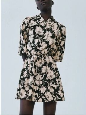 Zara Black & Beige Floral Print Shirt Mini Dress M